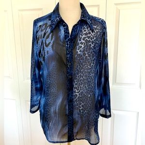 CLARA SUN WOO Leopard Blue Tunic Shirt Sheer Size  Small
